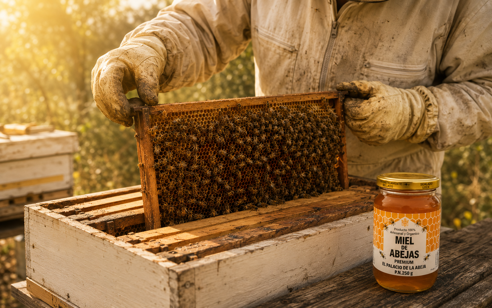 Apicultor trabajando con un panal y miel El Palacio de la Abeja